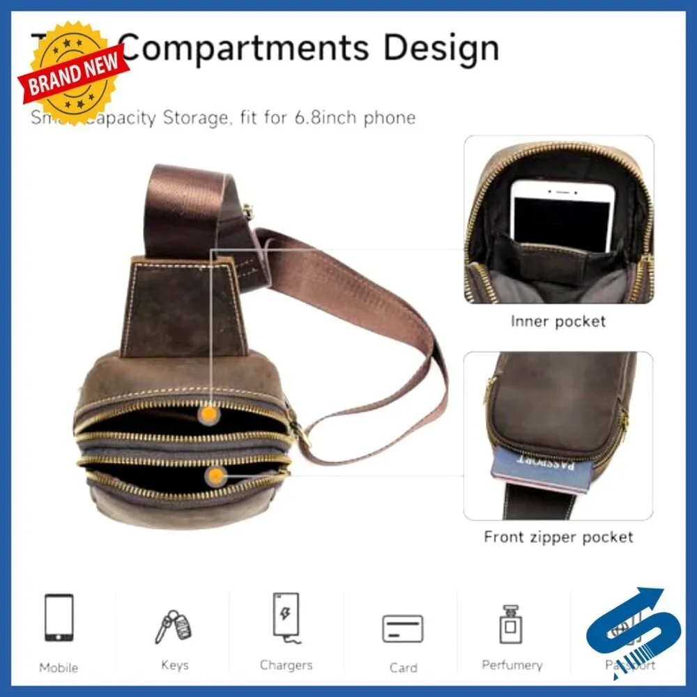 Vintage Leather Sling Bag for Men, Crossbody Messenger, Small Daypack